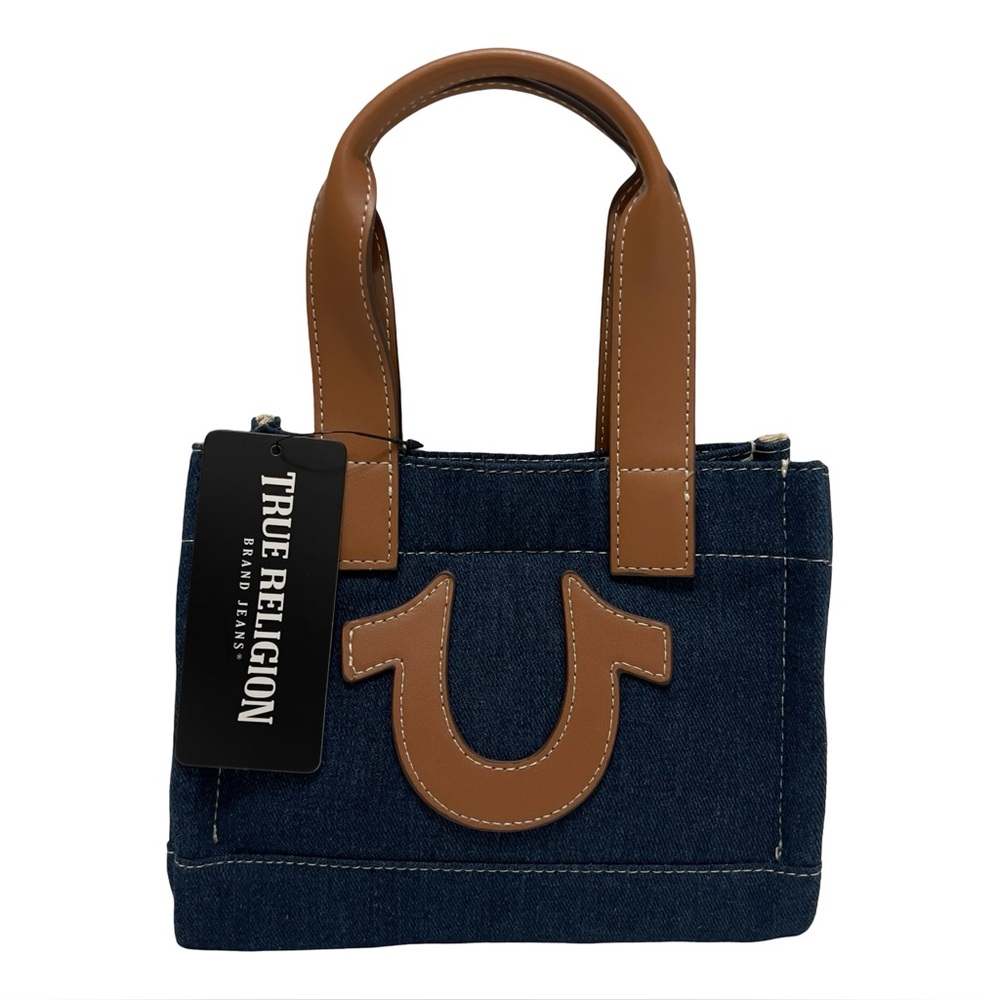True Religion Navy Blue Denim Horseshoe Logo Mini Satchel Tote Bag